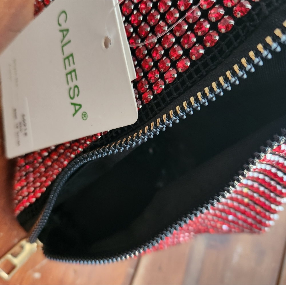 Triangular Red Rhinestone Evening Bag with Zipper - Picture 8 of 16